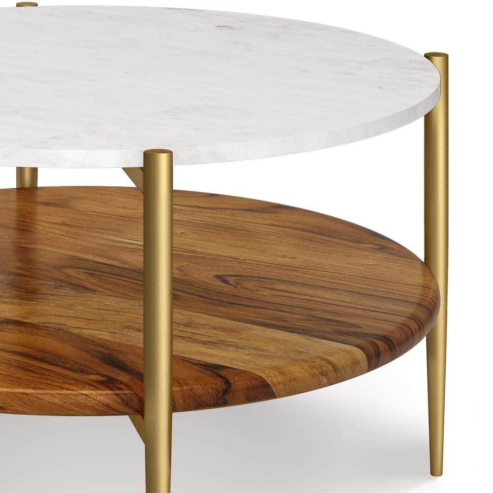 Wagner 30" Round White Marble and Natural Wood Coffee Table