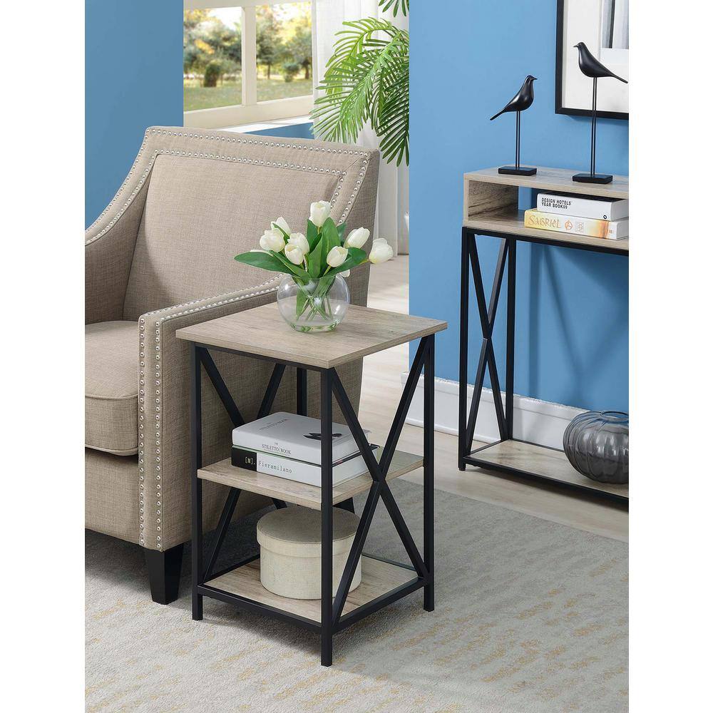 Sandstone and Black 3-Tier Wood and Metal End Table