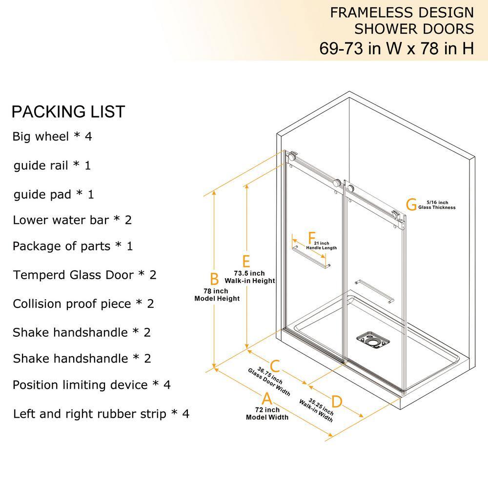 Matte Black Frameless Double Sliding Shower Door with Handles
