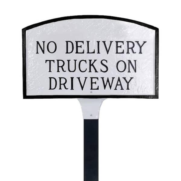 Montague Metal Products No Delivery Trucks on Driveway Small Arch Statement Plaque with Lawn Stake-White/Black