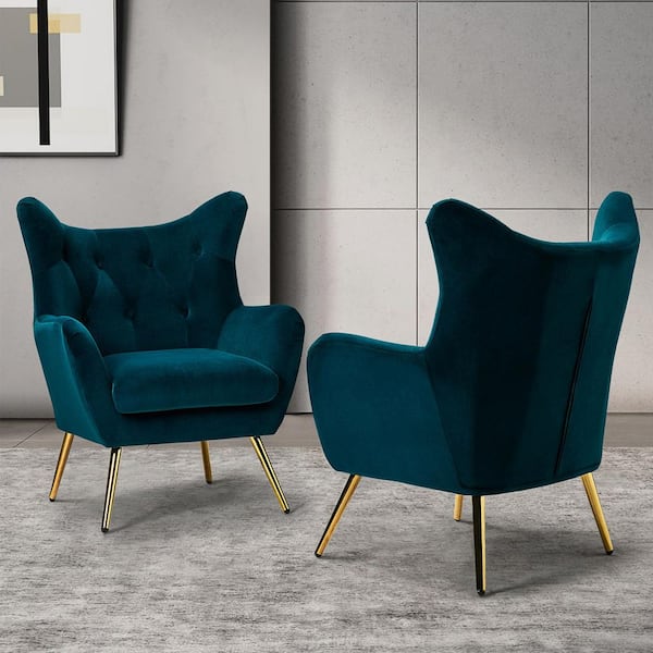 Jacob Golden Leg Teal Wingback Chair with Tufted Back (Set of 2)