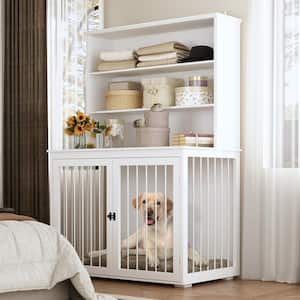 Dog House Furniture Style Dog Crate Storage Cabinet, Indoor Wood 3-Shelf Bookcase Bookshelf with Large Dog Crate, White