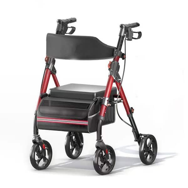 4-Wheel Red Aluminum and Carbon Steel Lightweight Foldable Rollator with Seat, 6 Adjustable Height Position