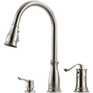 Single Handle 3 Hole Pull Out Sprayer Stainless Steel Brushed Nickel Kitchen Sink Faucet with Soap Dispenser