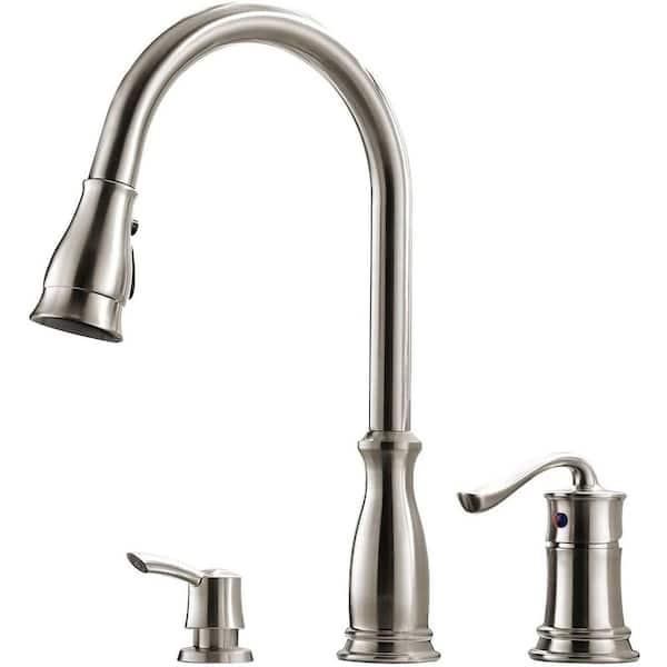Tahanbath Single Handle 3 Hole Pull Out Sprayer Stainless Steel Brushed Nickel Kitchen Sink Faucet with Soap Dispenser