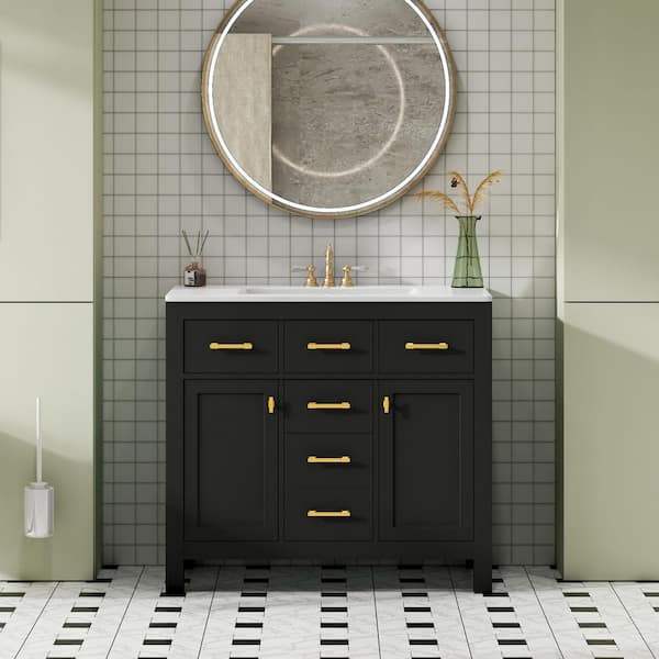 36 in. Single Sink Freestanding Black Bath Vanity with White Ceramic Top and 4 Drawers Storage Door Cabinet Unassembled