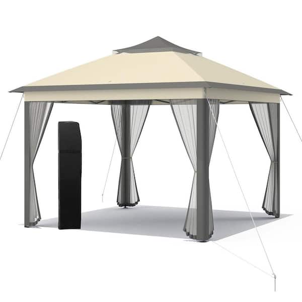 Gymax 11 ft. x 11 ft. Brown Pop up Gazebo 2-Tier Patio Canopy Tent Shelter w/Carrying Bag