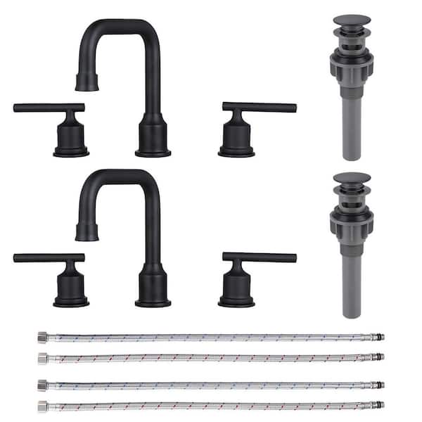 8 in. Widespread Double Handle High Arc Bathroom Faucet with Drain Kit Included in Matte Black (2-Packs)