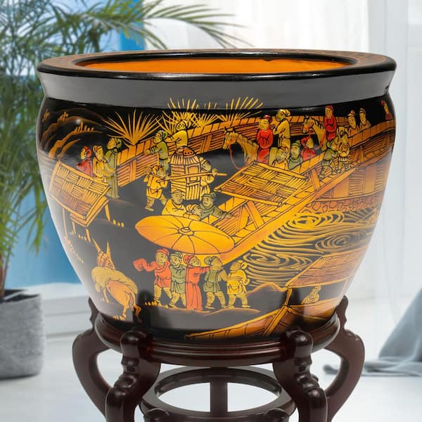 Oriental Furniture 12 in. Ching Ming Black Lacquer Fishbowl