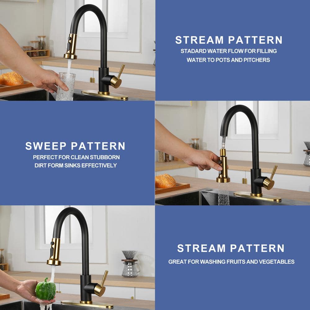 Gold and Black Stainless Steel High-Arc Kitchen Faucet with Pull-Out Spray