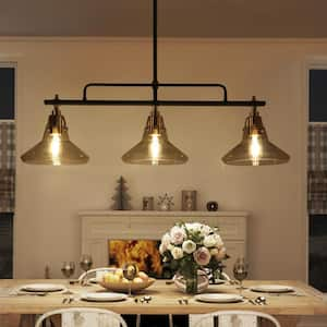 Tencanonia Modern 3-Light Black and Brass Island Lamp with Smoked Glass Shade, 33.5 in. Pendant Light for Dining Room