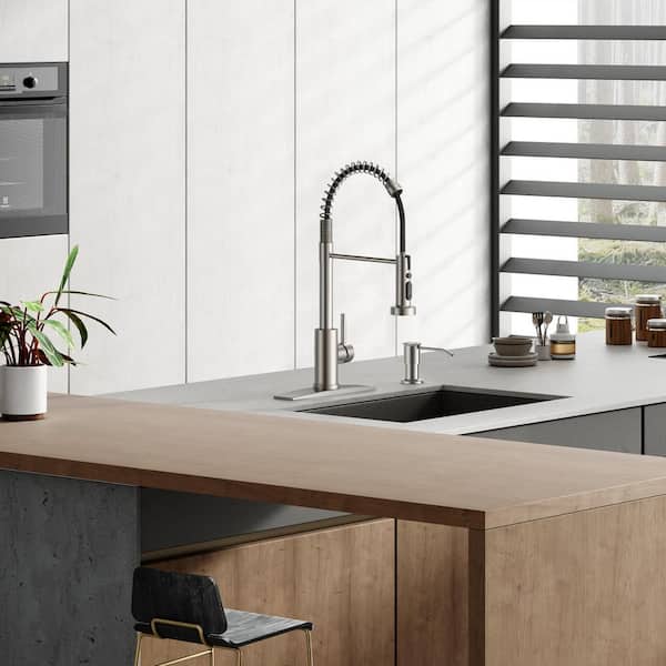 Single Handle Spring Gooseneck Pull Down Sprayer Kitchen Faucet with Soap Dispenser Swivel Spout in Brushed Nickel