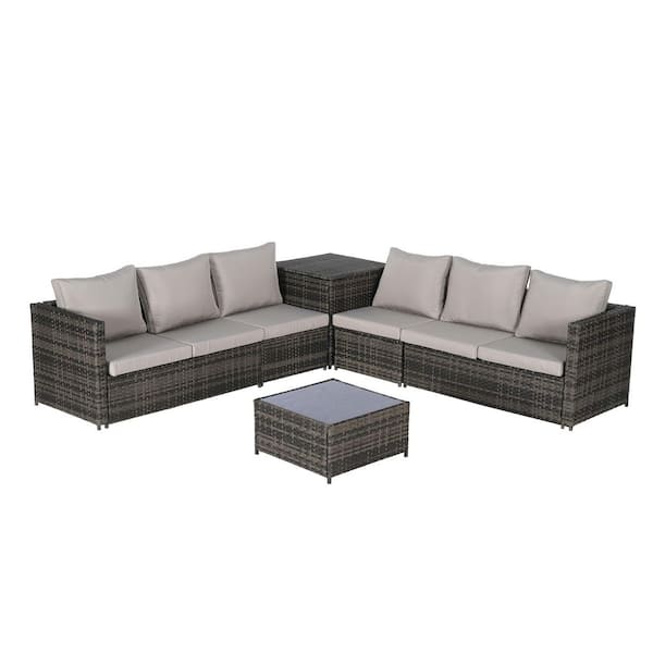 Unbranded 6-Pieces Wicker Patio Conversation Set, Outdoor Sectional L-Shaped Sofa with Light Gray Cushions for Backyard
