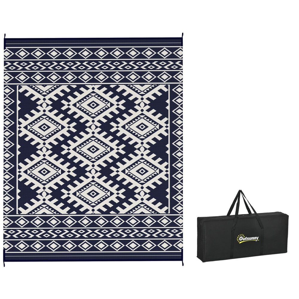 Blue and White Rhombus Border 8 ft. x 10 ft. Waterproof Plastic Straw Floor
