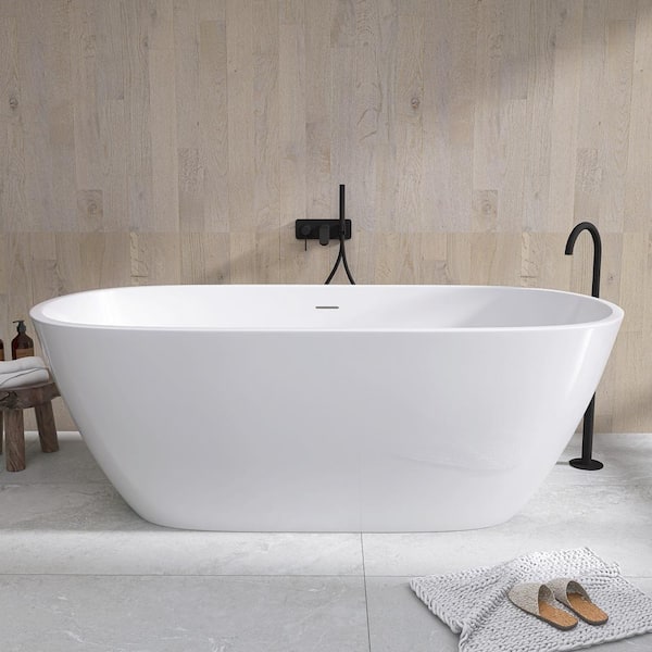 65 in. x 29.5 in. Acrylic Free Standing Soaking Flat Bottom Bathtub Freestanding Bathtub with Center Drain in White