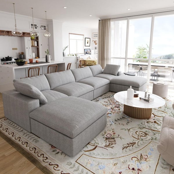 J&E Home 160.5 in. Square Arm 5-Piece Velvet L-Shaped Free Combination Modular Sectional Sofa in Gray with Ottoman