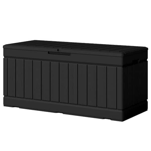 82 Gal. Heavy-Duty Outdoor Storage Deck Box in Black, Wood Look Outdoor Storage Box with Padlock for Patio Furniture
