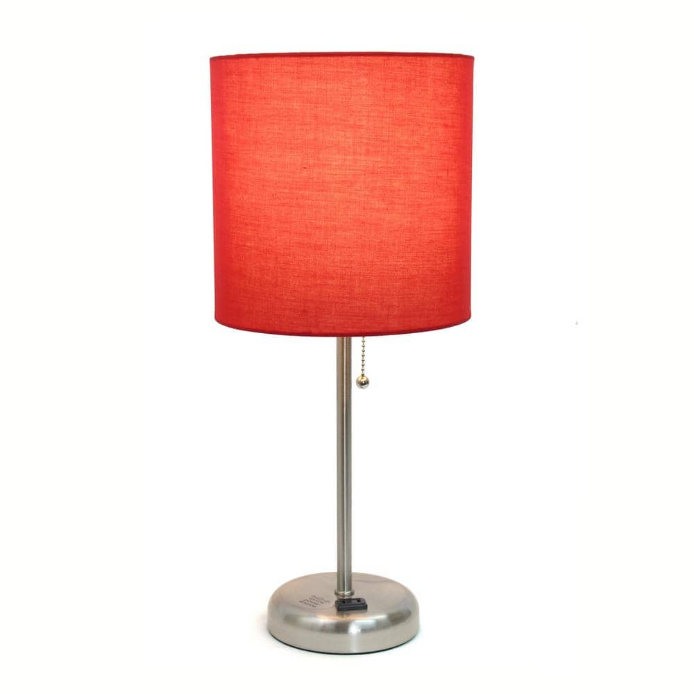 Brushed Steel Stick Table Lamp with Red Drum Shade and USB Port