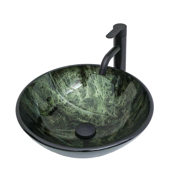 MUSUMI Bathroom Vessel Sink, Green Clear Light Tempered Glass Vessel Sink With - View #12