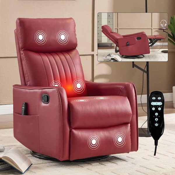 Red Faux Leather Heat Massage Manual Recliner Chair with Rocker and Swivel in Fabric for Living Room