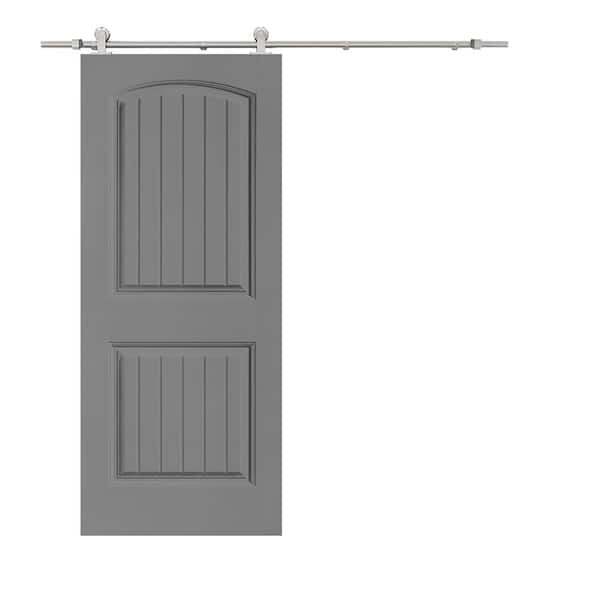 CALHOME Elegant Series 36 in. x 80 in. Light Gray Stained Composite MDF 2 Panel Camber Top Sliding Barn Door with Hardware Kit