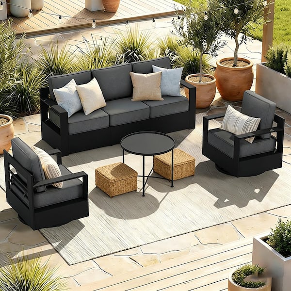 3-Piece Black Aluminum Outdoor Furniture Set Swivel Patio Conversation Set with Gray Cushions