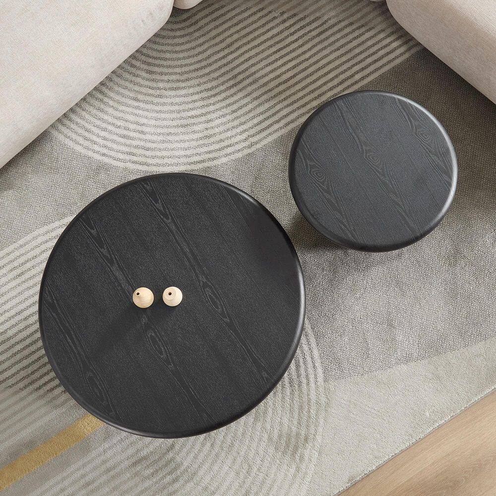 Andreina 31.5 in. Black Round Wood Coffee Table with 2 Pieces, End Side Tables for Leisure Area