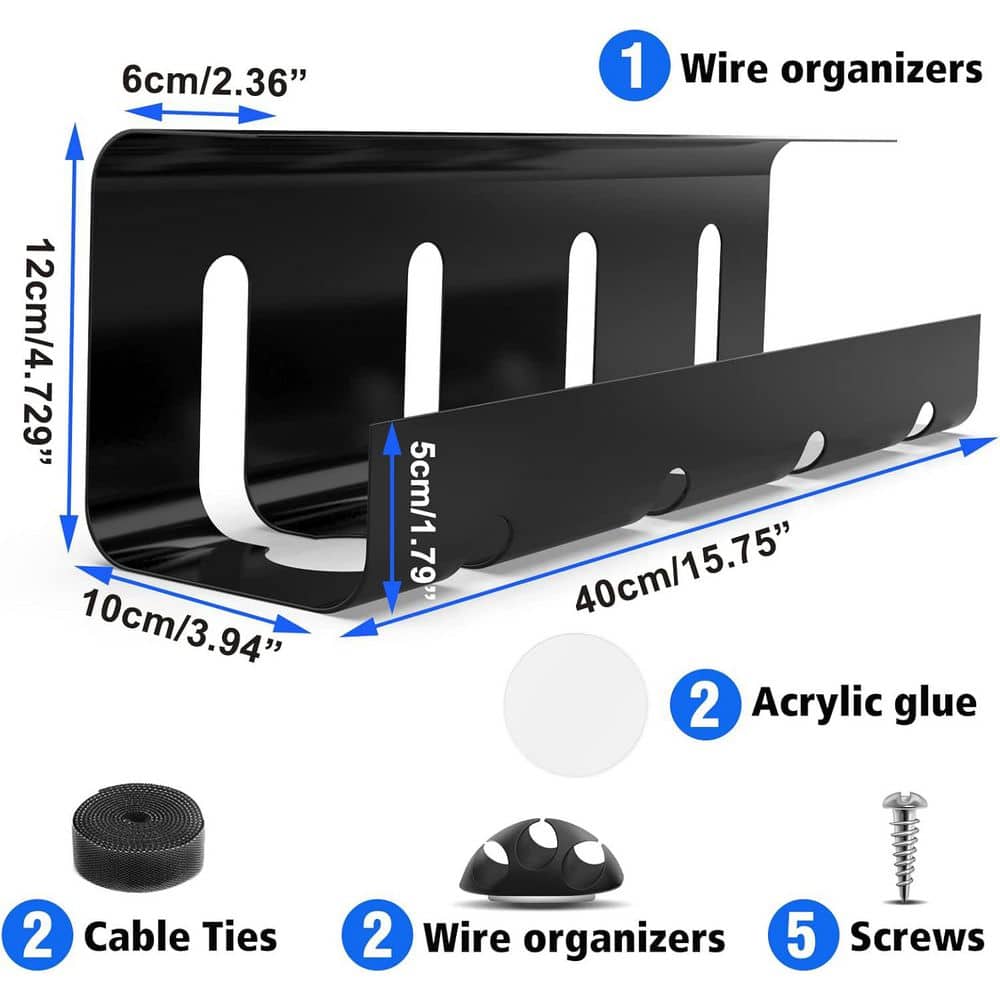 Under Desk Cable Management Tray No Drill 15.7 in Steel Tray with Wire Cord Organizer 2 Pack Black Cable Raceway - Thumbnail 4