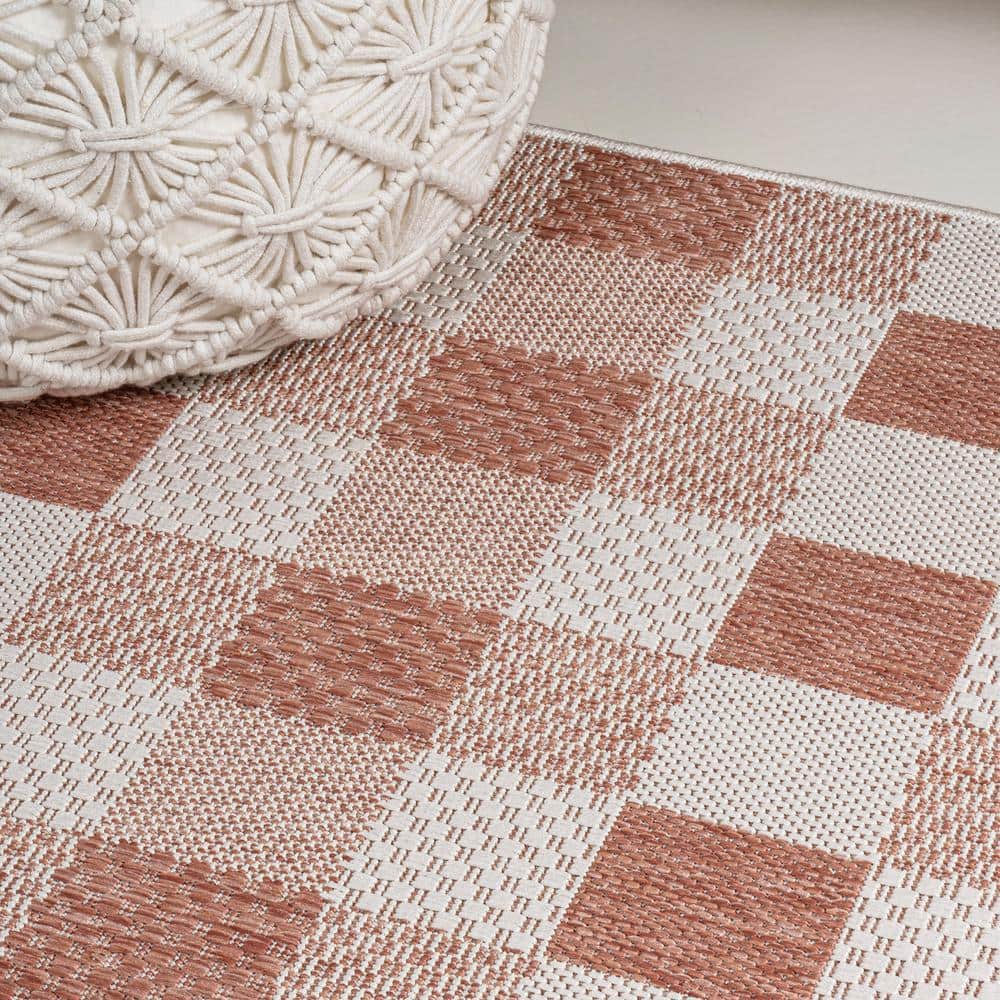 Darcy Salmon and Cream Geometric Gingham 2 x 8 Runner Rug