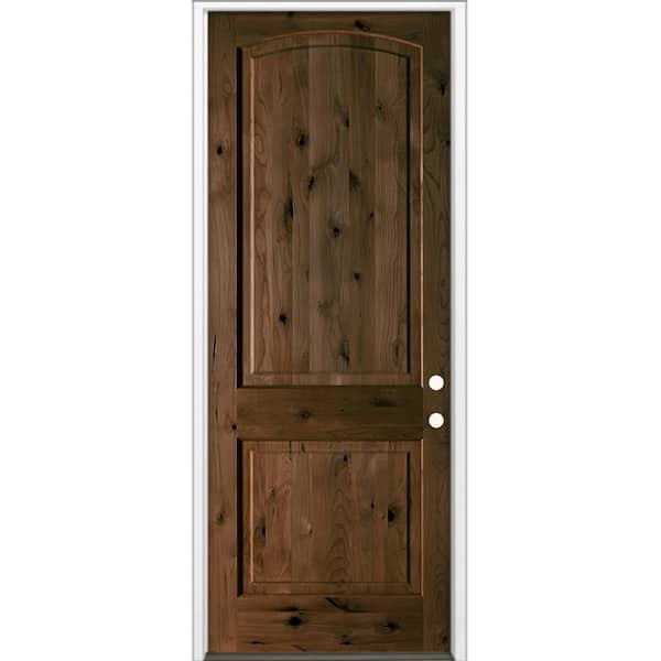 32 in. x 96 in. Rustic Knotty Alder 2-Panel Arch Top Left-Hand/Inswing BEHR Espresso Stain Wood Prehung Front Door