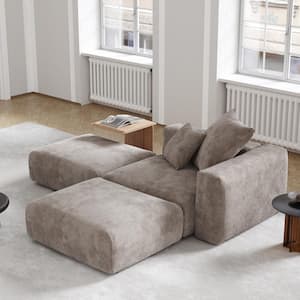 91 in. Square Arm Oversized 3-Piece L-shaped Corduroy Modular Sectional Sofa Rearrangeable Couch with Ottomans in Brown