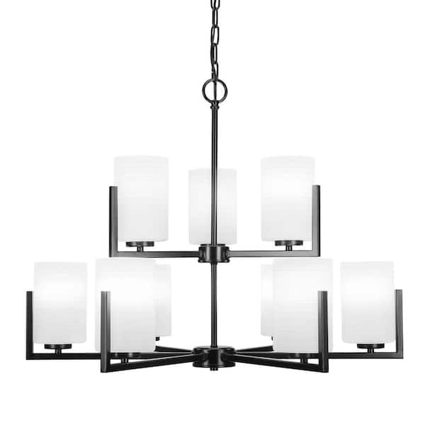 Unbranded Cottonwood 9-Light Matte Black Chandelier, Round Chandelier with 4 in. White Matrix Glass Shades, No bulbs included