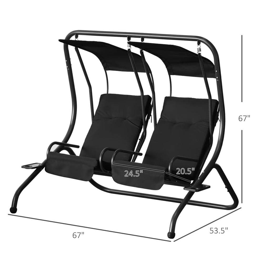 Modern Black Metal 2-Seater Outdoor Patio Swing Chair with Canopy