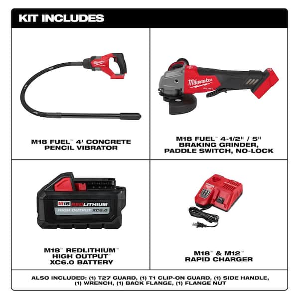 M18 FUEL 18V Lithium-Ion Brushless Cordless 4 ft. Concrete Pencil Vibrator Kit with 6.0 Ah Battery & M18 FUEL Grinder
