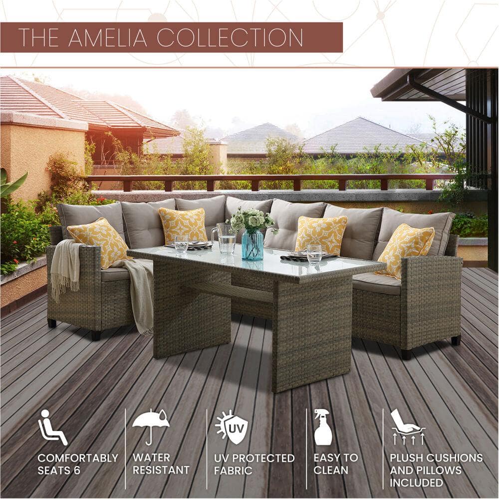 Amelia 6-Person Gray PVC Resin & Steel Outdoor Sectional Set with Chow Table