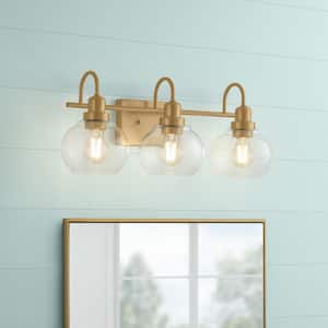 Halyn 23 in. 3-Light Vintage Brass Bathroom Vanity Light with Clear Glass Shades