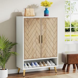 Lauren Oak and White Shoe Cabinet with Door 43.3 in. H Storage Cabinet with Adjustable Shelves