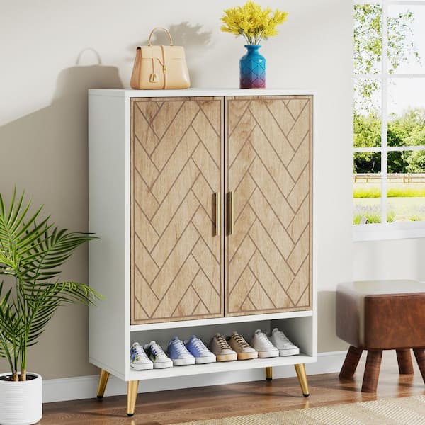 BYBLIGHT Lauren Oak and White Shoe Cabinet with Door 43.3 in. H Storage Cabinet with Adjustable Shelves