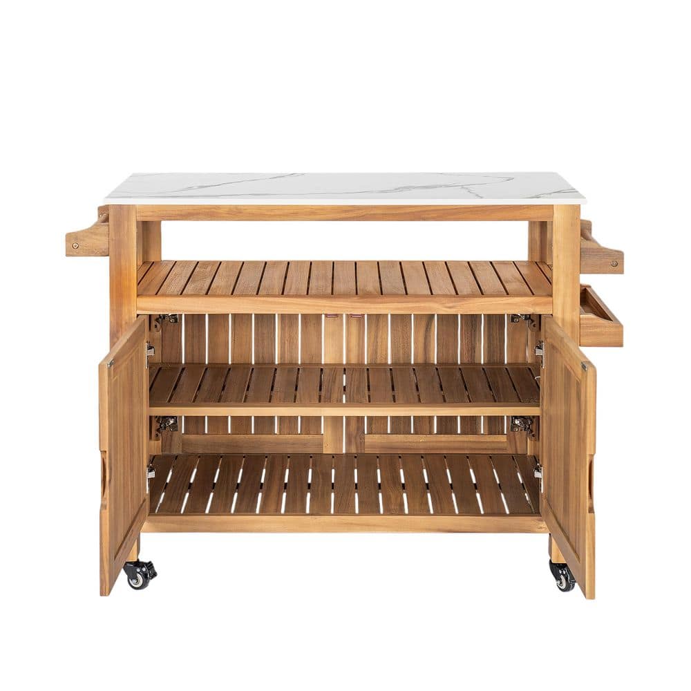 Front view of the natural wood bar cart with cabinet doors open.