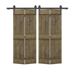 48 in. x 84 in. Mid-Bar Solid Core Aged Barrel Stained DIY Wood Double Bi-Fold Barn Doors with Sliding Hardware Kit