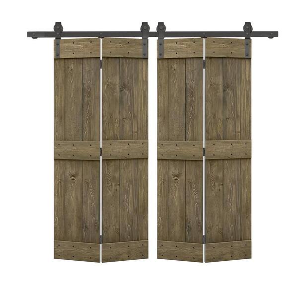 CALHOME 48 in. x 84 in. Mid-Bar Solid Core Aged Barrel Stained DIY Wood Double Bi-Fold Barn Doors with Sliding Hardware Kit