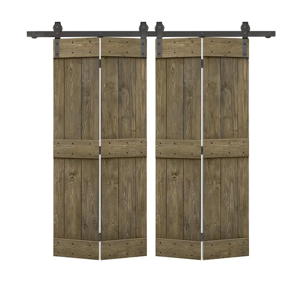 CALHOME 56 in. x 84 in. Mid-Bar Series Aged Barrel Stained DIY Wood Double Bi-Fold Barn Doors with Sliding Hardware Kit