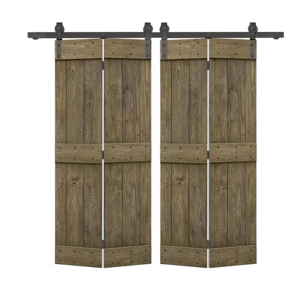 CALHOME 68 in. x 84 in. Mid-Bar Series Aged Barrel Stained DIY Wood Double Bi-Fold Barn Doors with Sliding Hardware Kit