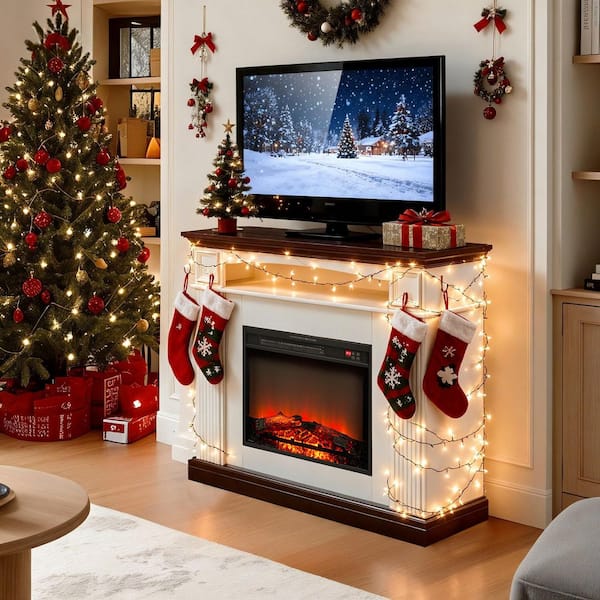 43.5 in. Freestanding Mantel Shelf 23 in. Electric Fireplace with LED Flame 3 Brightness Levels Timer Remote in White