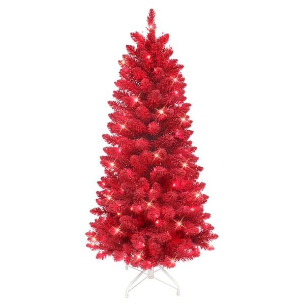 4.5 ft. Pre-Lit Flocked Fashion Red Artificial Christmas Tree
