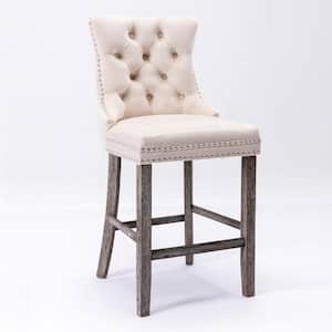 41.3 in. Beige Velvet Upholstered Low Back Barstools with Button Tufted and Wooden Legs Chrome Nailhead Trim (Set of 2)