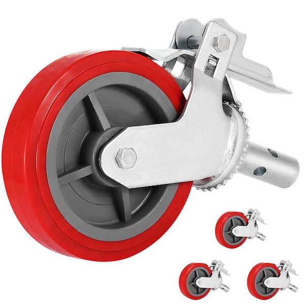 Scaffolding Wheels (Set of 4) 8 in. Heavy Duty Casters, 3200 lbs. Load Capacity, Locking Stem Casters with Brake, Red