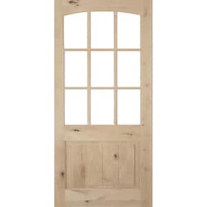 36 in. x 80 in. Rustic Knotty Alder Arch Top 9-Lite Clear Glass with V-Panel Unfinished Wood Front Door Slab