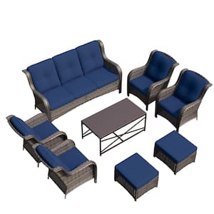 8-Piece Patio Conversation Sofa Set Furniture Sectional Seating Set with Blue Cushion and Coffee Table