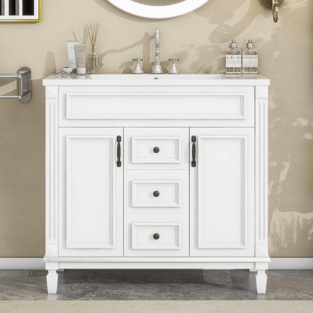 36 in. W x 18 in. D x 34 in. H Freestanding Bath Vanity in White with White